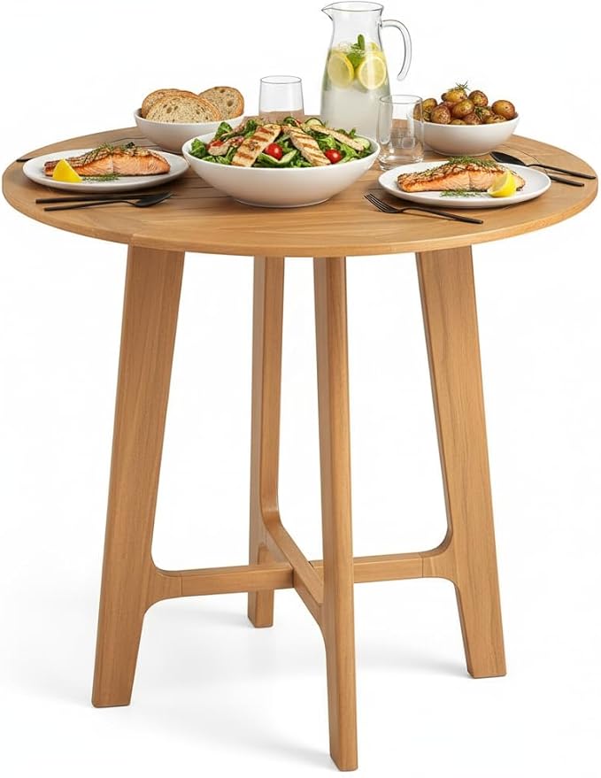 Tangkula 31.5" Round Patio Dining Table, Teak Wood Outdoor Dining Table with Slatted Tabletop, X-Shaped Frame & 4 Sturdy Supporting Legs, Indoor or Outside Table for Deck, Garden, Poolside & Backyard