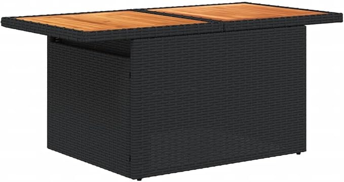Garden Table Black PE Rattan, Powder-Coated Steel, Solid Acacia Wood, Height Adjustable Outdoor Dining, Patio Furniture, 21.7x39.4x28.7in