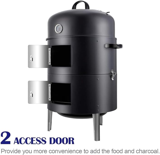 16" BBQ Smoker Grill Built in Thermometer, Air Vent and Two more biger Access Doors, Multi-Layer Meat Smoker Grill with 3 Heat-resistant Handles, Ideal for Outdoor Cooking, Camping, BBQ