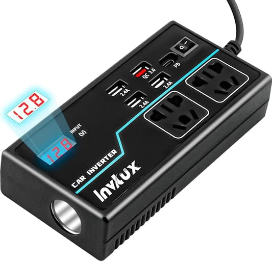 200W Power Inverter, 8-in-1 DC 12V to 110V AC Car Plug Adapter Outlets Converter with 30W PD3.0 & 4 USB Ports,Dual AC Outlet and 10A Cigarette Lighter Splitter, Car Charger for Laptop