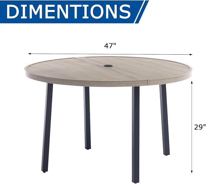 47" Round Patio Table with Umbrella Hole, Metal Outdoor Dining Table for Garden, Backyard and Deck, 6 Person Round Patio Dining Table for Outside, Honey Oak