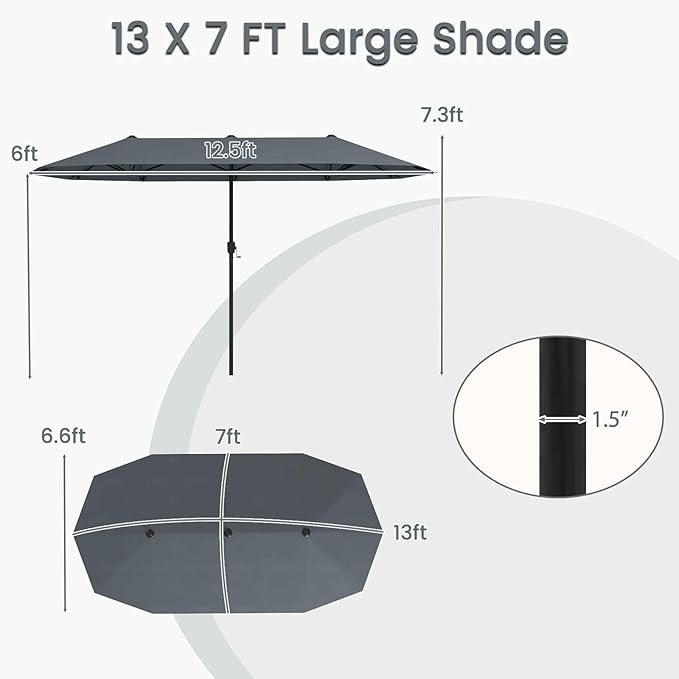 Tangkula 13 FT Large Patio Umbrella, Outdoor Double-Sided Table Market Umbrella w/Crank Handle, 12 Heavy-Duty Ribs, Sun-Protective Rectangular Twin Parasol for Garden Deck Lawn Poolside (Gray)
