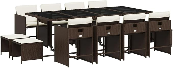 13 Piece Patio Dining Set, Poly Rattan Garden Table and Chairs with Foldable Backrests, Space-Saving Cube Dining Furniture with Cushions, Brown