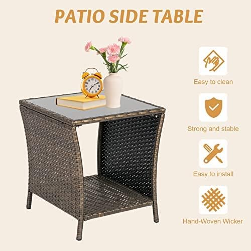 Outdoor Small Patio Table - PE Rattan Coffee Table, Wicker Side Table for Patio, Balcony & Porch, Durable & Iron Frame (2, Dark Blonde)