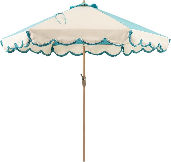 Tempera 9ft Scalloped Patio Umbrellas with Fringe, Market Umbrellas with Water-Resistant and Fade Resistant Canopy, 1.5" Wood Pole & Button Tilt.