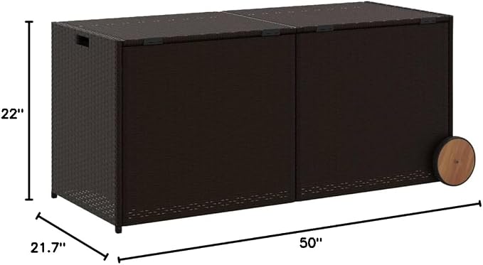 74.8 Gal Outdoor Storage Box with Wheels, Patio Rattan Deck Box, Wicker Garden Storage Bin Deck Box, Poly Rattan Patio Storage Chest with Hinged Lid, 50"x21.7"x22"/23.4" Brown