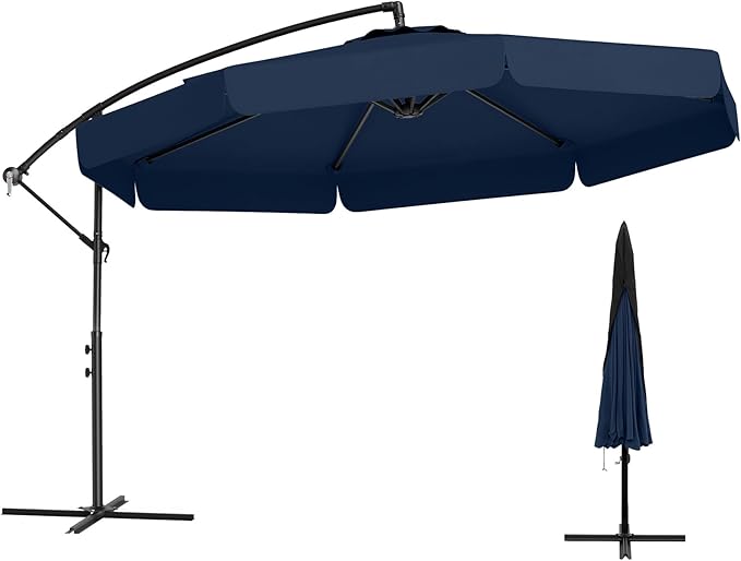Tangkula 10FT Offset Hanging Umbrella with Cover, Patio Cantilever Umbrella w/ Easy Tilt Adjustment, Crank, Ruffled Edge, 8 Ribs, Sun-Protective Canopy, Heavy-Duty Outdoor Parasol for Pool Garden Deck (Navy)