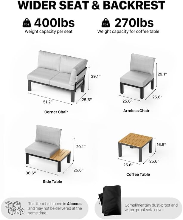 ZANDOR Aluminum Outdoor Patio Furniture Set, Movable Backrest Modular Sectional Sofa Set, Metal Conversation Set with 4-inch Thick Cushion for Garden Backyard Porch, Loveseat, Grey
