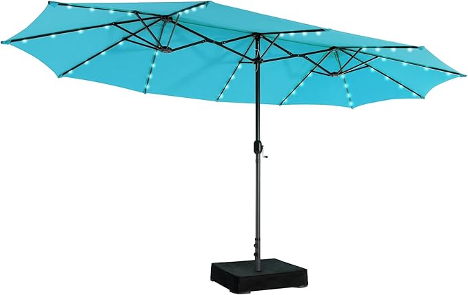 Giantex Large Outdoor Umbrella Double-Sided, 48 Solar Lights, Auto-Charging Solar Panel, Extra Large Patio Umbrella with Base and Crank, Outdoor Market Umbrellas for Poolside Garden