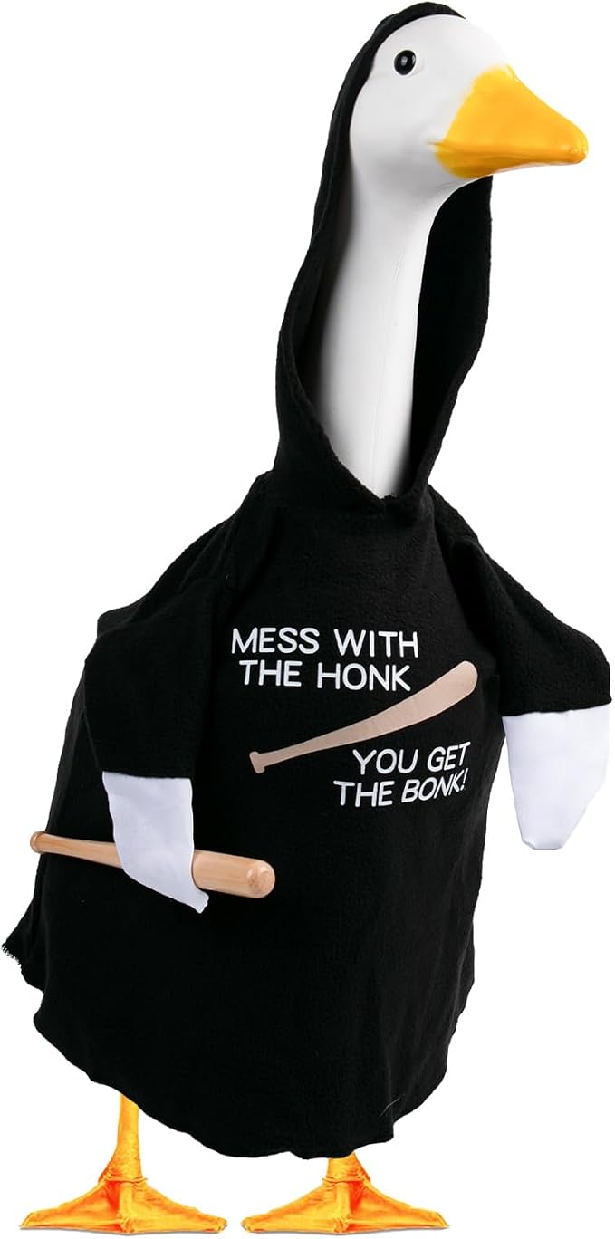 CAMDUCK Porch Goose Outfit Hoodie Mess with The Honk You Get The Bonk Baseball Goose Clothes with Wood Bat Warning Porch Sign for Plastic Cement Goose Statue Garden Lawn Yard Patio Outdoor Decor
