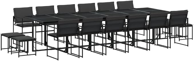 17 Piece Patio Dining Set with Cushions Black Textilene Outdoor Furniture Table Chairs Stools Tempered Glass UV Resistant Fade Proof Foldable Storage Space Saving