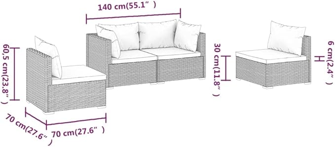 4 Piece Patio Lounge Set with Cushion, Furniture Conversation Sets Outdoor Patio Sectional Piece Patio Set Patio Lounge Set s Poly Rattan Brown