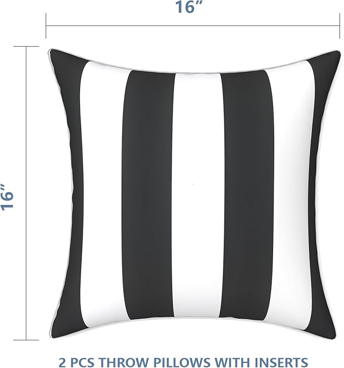 LVTXIII Set of 2 Patio Throw Pillows Waterproof 16"x16" Fade Resistant Outdoor Throw Pillows with Inserts, Fluffy Decorative Garden Toss Pillow Cushions for Home Patio Coach Sofa Use, Cabana Black
