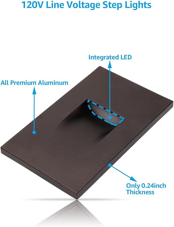 LEONLITE 3CCT 120V LED Step Lights, 3.5W 150LM 5%-100% Dimmable Indoor Outdoor Waterproof Vertical Stair Light, 3000K/4000K/5000K Selectable, CRI90, ETL, Aluminum, Oil Rubbed Bronze, Pack of 6