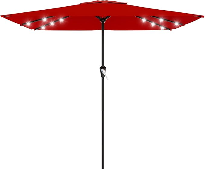 AreShark 8' X 10' Rectangular Patio Umbrella with Solar Lights, Lighted Solar Umbrella with Crank, Outdoor Table Umbrella for Garden, Deck, Backyard, Pool and Beach, Red