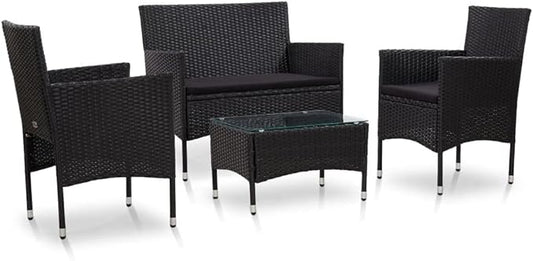 vidaXL Patio Furniture Set 4 Piece, Patio Conversation Set with Cushions, Outdoor Sectional Sofa with Coffee Table for Garden, Poly Rattan Black