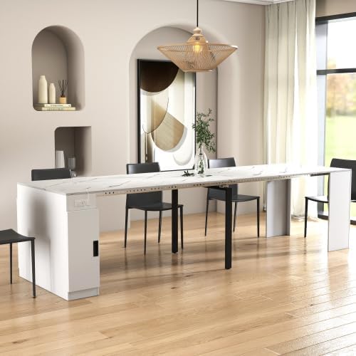 23.62”-118.11” Extendable Dining Room Table, 1-10 People Wood Long Foldable Tables with Storage Cabinet & Outlet, Space Saving Expanding Table with for Kitchen, Living Room, Party, White