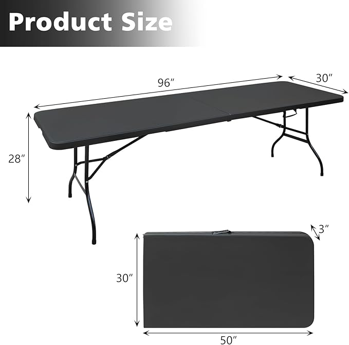 Portable 8Ft Folding Table, Heavy Duty Plastic Fold-in-Half Utility Foldable Dining Table, Multi-Purpose Plastic Folding Table with Carrying Handle for Camping and Party Indoor/Outdoor (Black)
