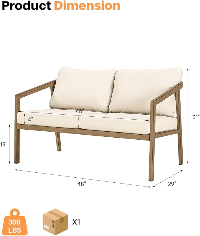 Teak Outdoor Patio Loveseat, Never-Rust Aluminum Outdoor Loveseat Couch with Thick Cushions, Modern 2-Seater Patio Sofa Bench, Outdoor Sofa Loveseat Furniture for Deck, Poolside