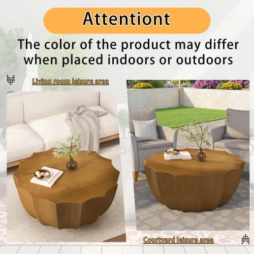 35" Indoor Round Coffee Table, Waterproof Coffee Table Modern MgO Cement Design End Tables for Living Room, Outdoor Patio Coffee Tables for Garden, Backyard, Balcony, Wood