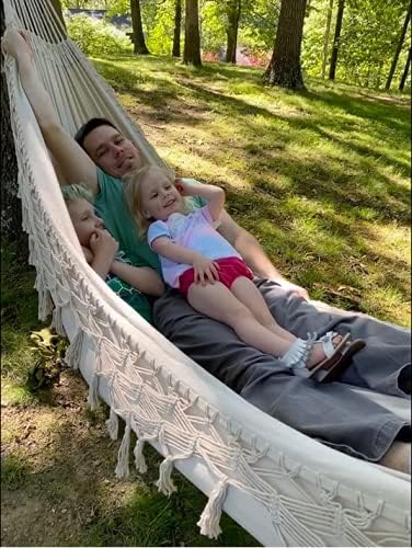 Outdoor Hammock Garden Cotton Hammock Macrame Fringe Hammocks Boho Balcony Hammocks with Handmade Tassels 2 Person Double Hamock 480lbs for Home,Backyard,Beach,Patio