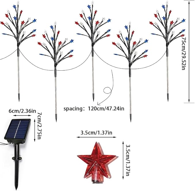 4th of July Decorations Outdoor, 5 Pack Solar Star Lights Red White Blue, 29.5IN 22.3FT 75 LED Patriotic Pathway Lights, 8 Modes Auto On/Off IP65 Waterproof Yard