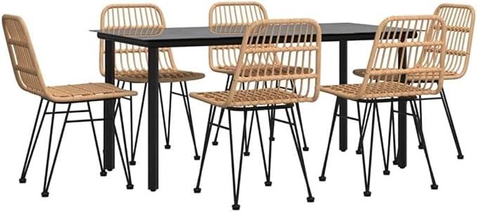 Afuera Living Contemporary 7 Piece Patio Dining Set, Black Powder-Coated Steel Frame, Rectangular Tempered Glass Table with 6 Poly Rattan Chairs, Weather Resistant Outdoor Furniture for Garden,