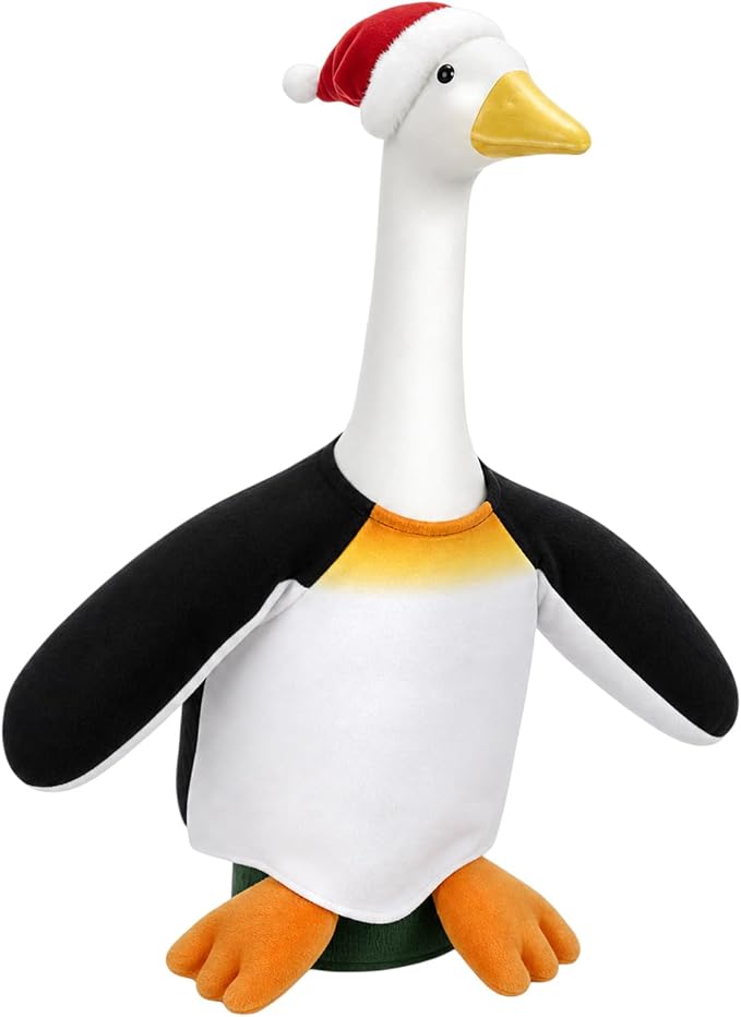 Christmas Porch Goose Outfit Penguin Goose Dress Winter Clothes with Xmas Hat Costume for 23" Gooses Statue Decoration Patio Yard Garden Lawn Outdoor Decors