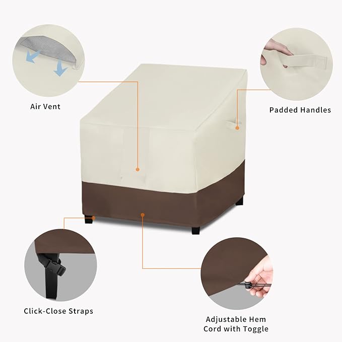 Easy-Going Outdoor Chair Cover Waterproof, Heavy Duty Patio Chair Cover, Windproof Outdoor Furniture Cover with Air Vent (2 Pack-37Wx30Dx31H inch, Beige/Dark Brown)