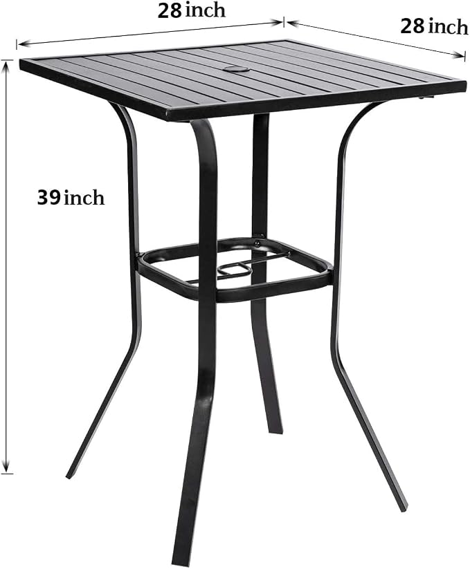 Patio Bar Table, Outdoor Bar Height Bistro Table with Umbrella Hole, Metal Frame and Slat Design, Black