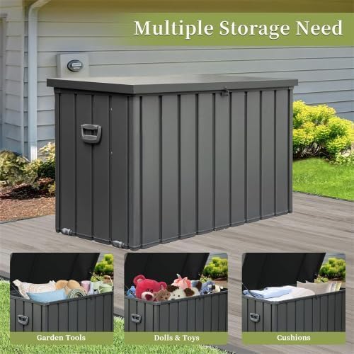 JOSHEN 200 Gallon Outdoor Storage Deck Box with Side Handles & Mobile Wheels, Large Patio Storage Bin with Lockable Lid & Hydraulic Rod, Garden Organizer with Waterproof & UV Resistant Steel Panels