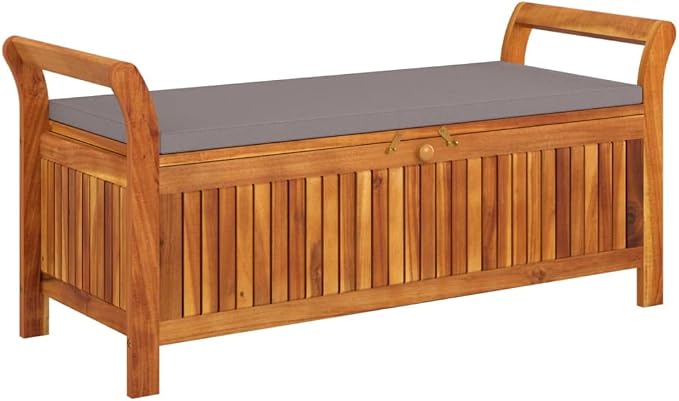 Wooden Outdoor Patio Storage Bench Large Deck Box with Brown Cushion 49.6"x19.7"x23.6" Solid Wood Acacia Storage Box Deck Box with Seat for Garden, Balcony, Porch, Pool,Yard -AA