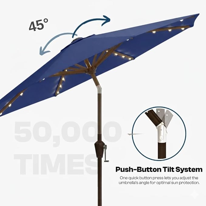 10FT Solar Lighted Patio Umbrella, Outdoor Table Market Umbrellas with Push Button Tilt and Crank, 32 LED Lights, 8 Sturdy Ribs, UV-Resistant for Deck, Garden, Pool