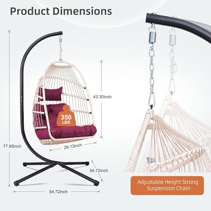 Outdoor Egg Hanging Chair with Stand, Patio Wicker Swing Egg Chair Indoor Swinging Chair Outdoor Hammock Egg Chair. Rose red