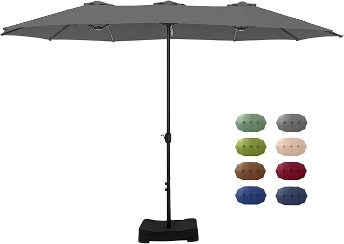 GREEN PARTY 15 ft Rectangular Patio Umbrella with Base Included, Large Double-Sided Outdoor Table Umbrella with Crank, 1.9" Pole UPF 50+ UV Resistant for Pool Deck Backyard Garden, Smoky Gray