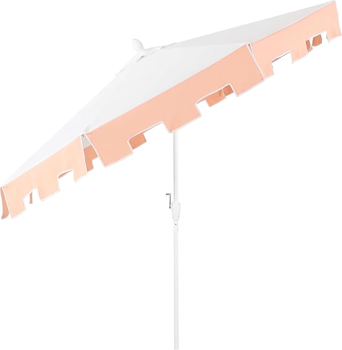 JONATHAN Y Baiona 9 ft. White/Coral Pink Outdoor Patio Umbrella with Crank Lift and Tilt, 8 Ribs UV-Resistant Market Table Umbrella with Square Trim for Pool, Deck, Coastal, White Pole UMB1000C
