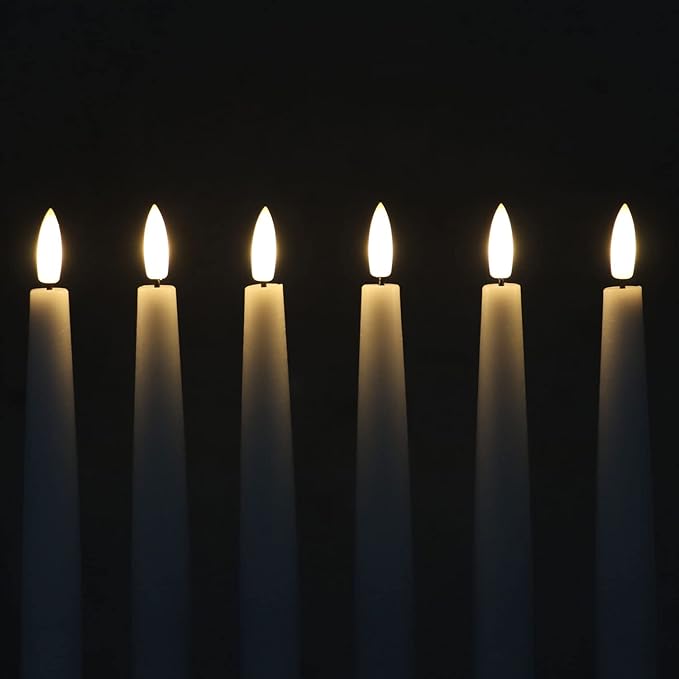 Rhytsing 11.4" Flameless Taper Candles with Timer Function, Battery Operated Dinner Tall Candlestick Rustic Wax, Warm White LED, 2 Remotes Included - Set of 6 (White)