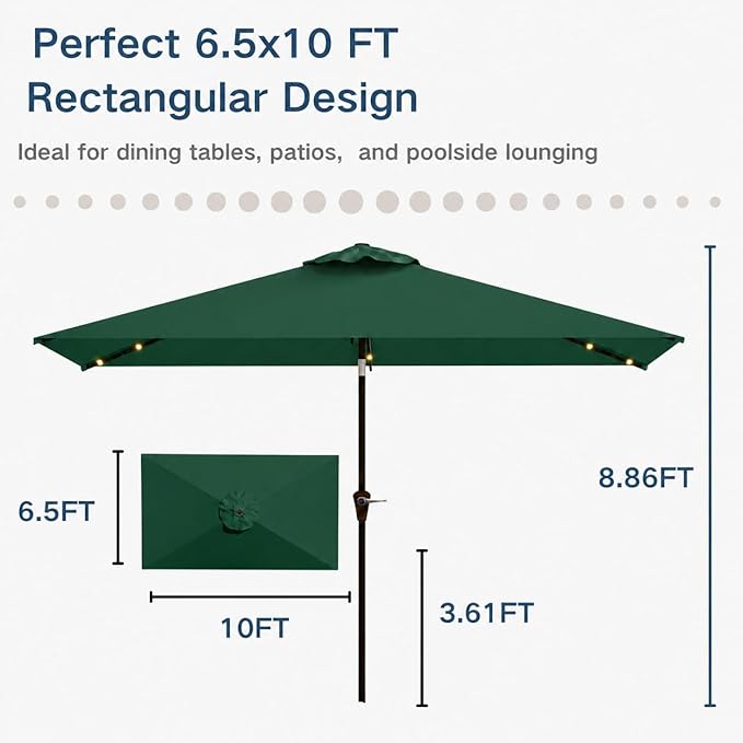 6.5 x 10ft Rectangular Patio Umbrella with Solar Lights, 16 LED Lighted Market Umbrella with Push-Button Tilt and Crank, 6 Sturdy Iron Ribs for Garden, Deck, Pool, Forest Green