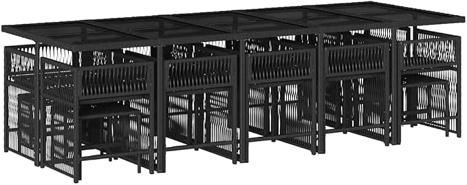 Garden Dining Set Black PE Rattan Large Expandable Outdoor Patio Furniture 15 Piece with Cushioned Chairs and Tempered Glass Table for Family Parties Backyard Entertaining