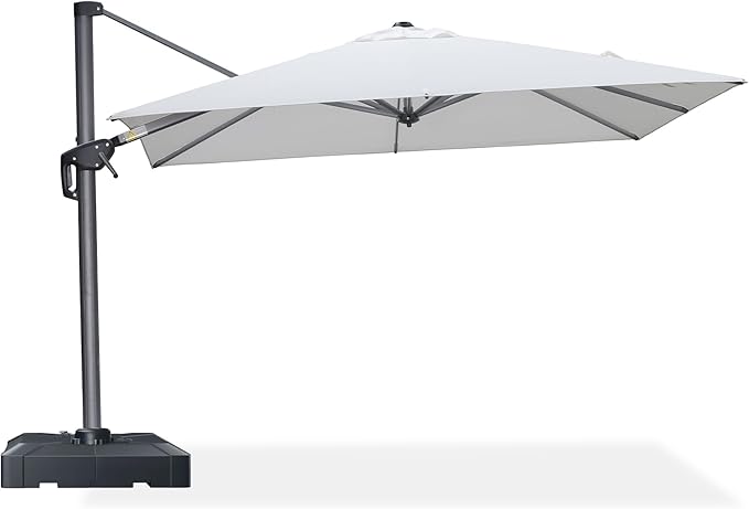 PURPLE LEAF 8' X 8' Patio Umbrella with Base for Pool 7' High Offset Outdoor Cantilever Umbrella Swimming Pool Umbrella with 360°Rotation for Poolside White