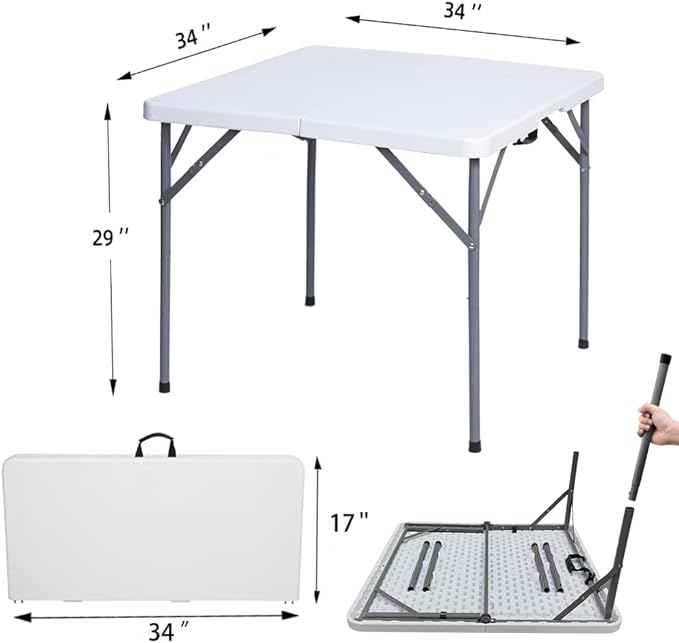 Lakhow 34" Square Folding Table, Fold-in-Half Utility Dining Portable Table Heavy Duty HDPE Plastic Foldable with Carrying Handle Indoor Outdoor for Picnic, Party