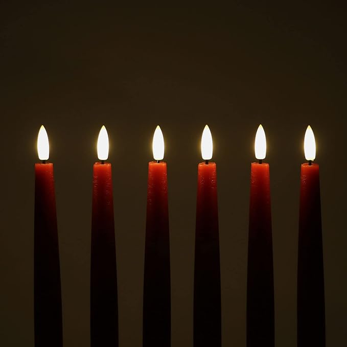 Rhytsing 29cm Flameless Taper Candles with Timer, Battery Operated Dinner Table Long Candlestick Rustic Wax, Warm White LED, 2 Remotes Included - Set of 6 (Red)