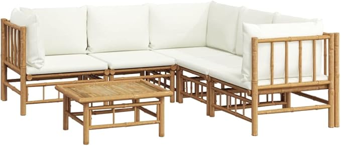 6 Piece Patio Lounge Set with Cream White Cushions, Patio Conversation Set Front Porch Furniture Sectional Sofa Outdoor Dining Sets for Exhibition Piazza Garden Poolside Bamboo