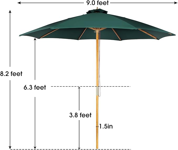 9ft Bamboo Umbrella, Outdoor Patio Umbrella, Waterproof Market Umbrella, 8 Ribs Table Umbrella with Pulley Lift for Garden, Deck, Pool, lawn, Backyard
