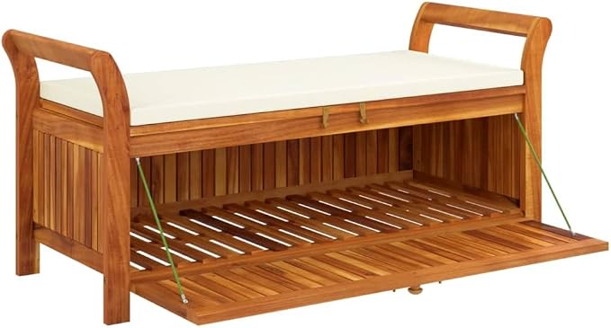 Wooden Outdoor Patio Storage Bench Large Deck Box with White Cream Cushion 49.6"x19.7"x23.6" Solid Wood Acacia Storage Box Deck Box with Seat for Garden, Balcony, Porch, Pool,Yard -AA