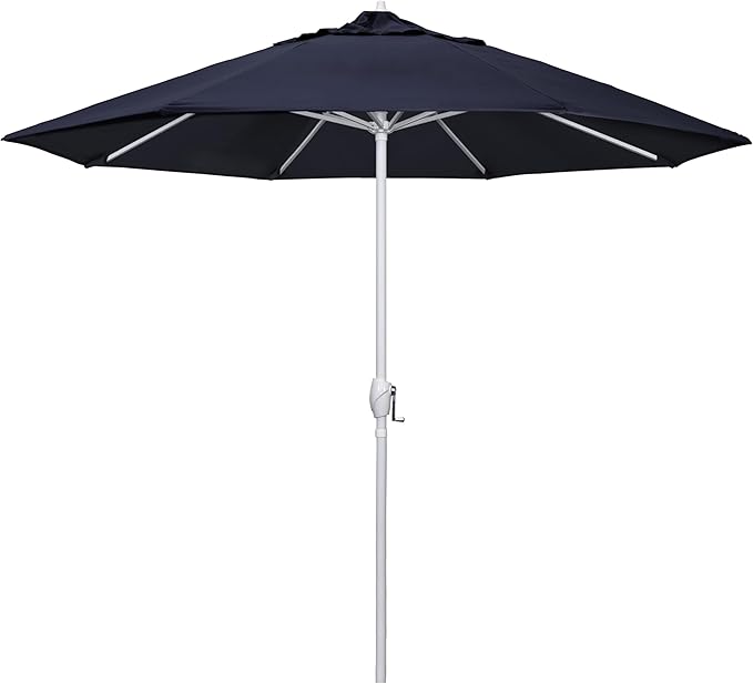California Umbrella 12-Year Protection 9' Rd Aluminum Patio Umbrella, Crank Lift, Auto Tilt, White Finish, Sunbrella Navy