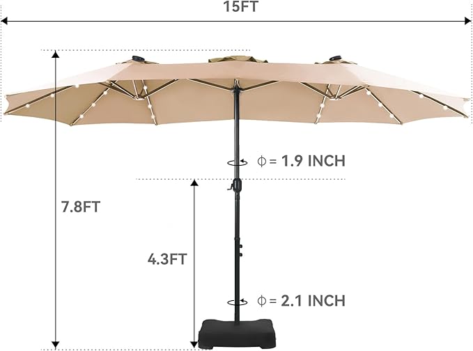 GREEN PARTY 15 ft Large Outdoor Patio Umbrella with Solar Led Lights & Base Included, Double-Sided Rectangular Table Umbrella with Stand, Market Umbrellas for Deck Poolside Garden Backyard, Beige
