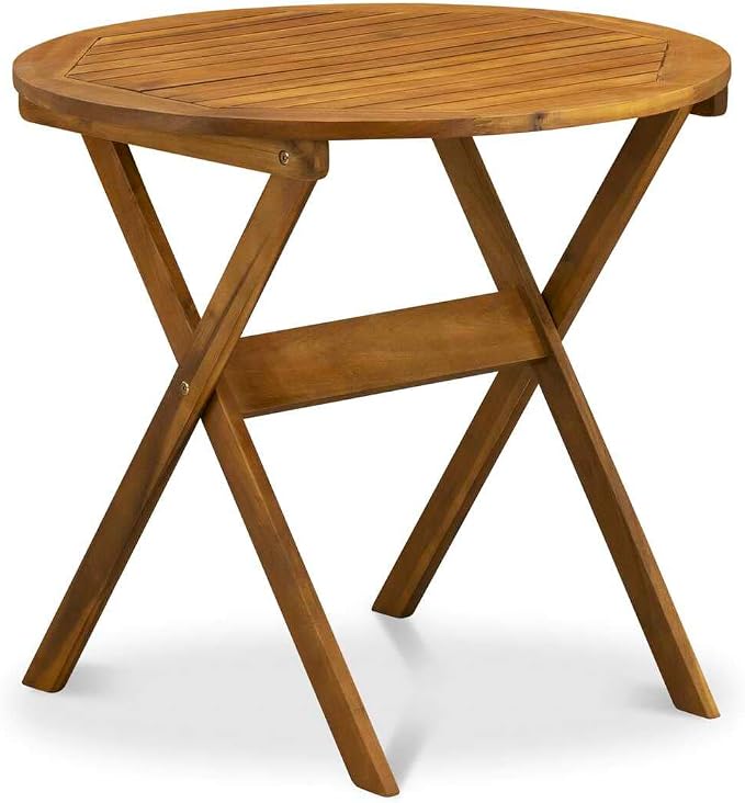 East West Furniture MNBS3CWNA 3 Piece Outdoor Conversation Bistro Set Contains a Round Acacia Wood Coffee Table and 2 Folding Side Chairs, 30x30 Inch, Natural Oil