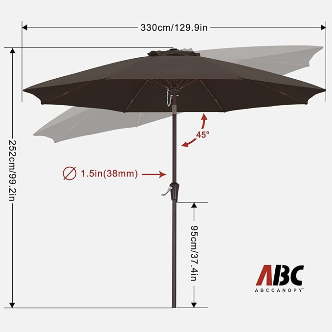 ABCCANOPY 9FT Outdoor Patio Umbrella, 8 Ribs Table Umbrella w/Crank for Easy Set Up, Suitable for Garden, Lawn, Deck & Backyard (Brown)