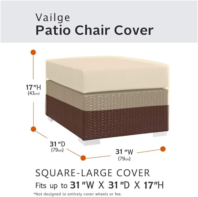 Vailge Square Patio Ottoman Cover, Waterproof Outdoor Ottoman Cover with Padded Handles, Patio Side Table Cover, Heavy Duty Outdoor Furniture Covers(Large,Beige & Brown)